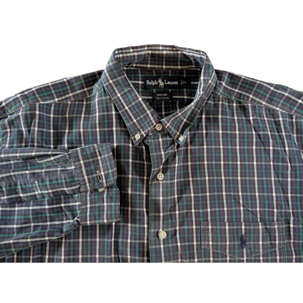 Vintage 90s Ralph Lauren Marlowe Shirt Men's XL Plaid Button Down Blue Pony